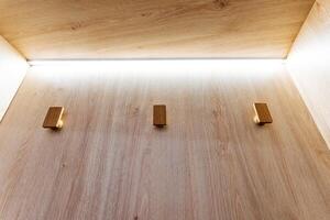 The rectangular wooden wall features hooks and a light fixture, highlighting the lovely wood stain and varnish on the hardwood planks, adding a touch of elegance to the space photo