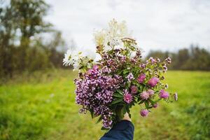A person is joyfully holding a stunning bouquet filled with a variety of colorful flowers while standing in a sunny field, surrounded by lush, abundant green nature all around them photo