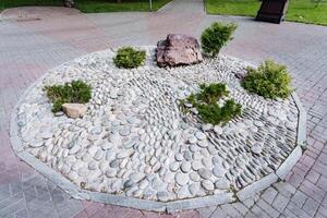 In an urban setting, a circle of rocks and plants on a brick sidewalk enhances the environment with natural beauty and greenery, creating a lovely focal point in the city landscape photo