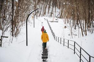 A person is taking their time to walk down a lengthy, snowy staircase, making sure to maintain their balance and stability while carefully navigating through the icy conditions of winter photo