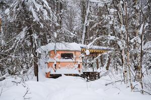 An orange trailer, which stands out vividly, is completely covered in a thick layer of snow in the middle of a beautiful, snowy forest that is enveloped in winters chill photo
