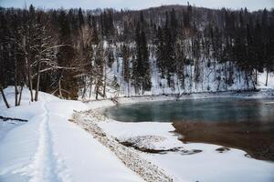 A snowy path leading to a frozen lake surrounded by snowcovered trees photo