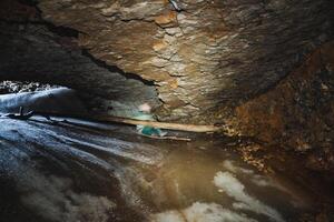 In a dimly lit cave, a person stands firmly grasping a sturdy wooden stick, indicating they might be exploring or preparing for an adventure within the caves mysterious depths photo