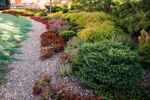 In a serene garden, there exists a beautiful gravel path that winds through an array of lush trees and vibrant bushes, creating a picturesque natural landscape filled with greenery photo
