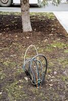 A diverse assortment of various wires is spread out, lying on the ground next to a tree, which together creates an intriguing and visually interesting scene within this natural setting photo