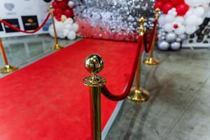 The red carpet is lined with gold poles and balloons for the event photo