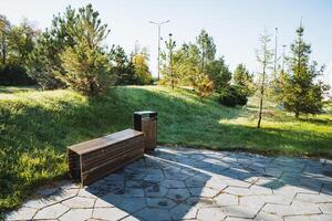 There is a wooden bench situated in a park, conveniently located next to a trash can for easy disposal of waste, making it a nice spot for visitors to relax and enjoy the outdoors photo