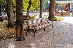 In a peaceful and serene park, a charming wooden bench positioned next to a trash can offers a cozy and comfortable spot to fully enjoy the stunning beauty of nature and the refreshing air photo