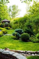 The tranquil green garden with a gazebo in the distance is enriched by lush vegetation and trees, creating a serene landscape. Its a peaceful oasis embraced by natures beauty photo