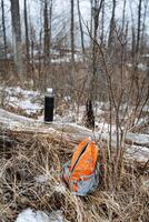 A wellworn backpack rests on the lush, mossy forest floor, nestled among vibrant nature, forming a peaceful and picturesque scene that beautifully captures the essence of the woodland area photo