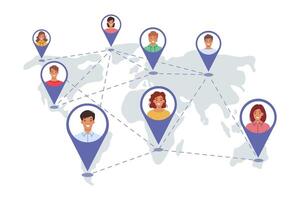 International community people from different countries, marked on global map with GPS tags vector