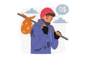 Poor man wanders around world and thinks about absence of money in account, is need of help vector