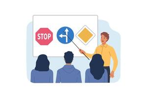 Lesson in driving school with people learning rules of road, and teacher demonstrating turn signs vector