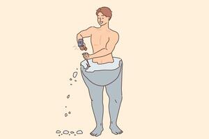 Man is engaged in self-development, creating ideal body, using sculptor professional tools vector