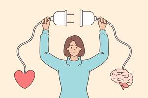 Woman unites reason and emotions using wire connected to heart and brain to achieve life harmony vector