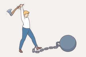 Man frees himself from shackles and burdens by cutting chain with ax to become free vector