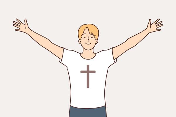 Religious man feels free and empowered by faith, dressed in t-shirt with crucifix on chest