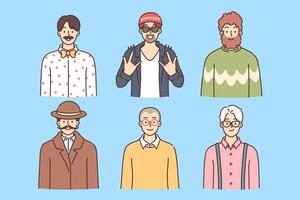 Variety of men in fancy clothes smile and show off different looks from eighties vector