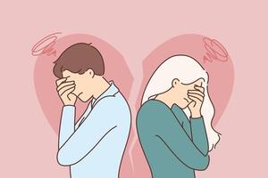 Upset couple experiencing problems in relationship and crying because of betrayal of one of partners vector