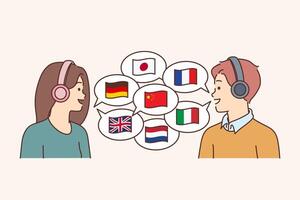 Two polyglots in headphones communicate in different languages, stand near country flags vector