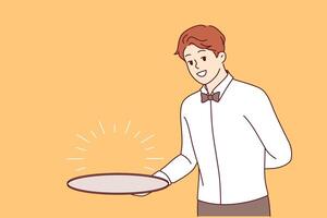Man waiter with empty tray holds hand behind back, suggesting that you visit fabulous restaurant vector