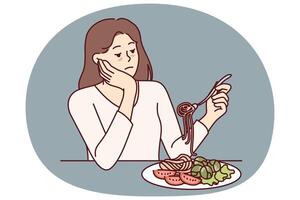 Woman suffering from anorexia is sad due to lack appetite and sits at table with spaghetti in plate vector