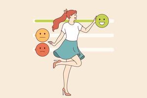 Woman with high emotional intelligence controls own behavior and moves emoji sliders vector