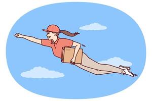 Superhero courier is flying in sky with parcel for customers and is in hurry to deliver mail order vector