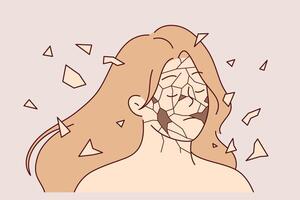 Problems psychological disintegration in woman, with face falling apart into fragments due to stress vector