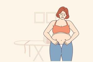 Woman experiencing problems with excess weight tries to put on small pants, and needs diet or fitnes vector