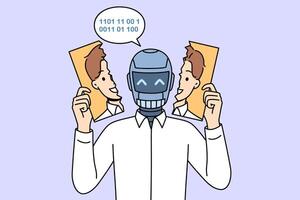 Robot hiding its face behind human photograph, for dystopia about replacing people with cyborgs vector