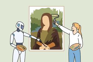 Creation of artwork using AI and neural networks demonstrates person and humanoid drawing picture vector