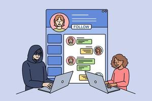 Villain corresponds with little girl via internet on laptop, posing as child to commit kidnapping vector