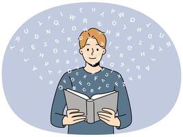 Polyglot man reads book with dictionary and learns new language standing among flying latin letters vector