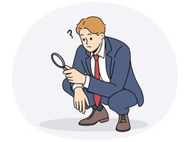 Business man with magnifying glass squats doing work of analyst or supervisor conducting audit vector