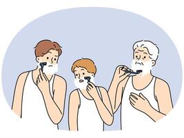 Men different generations shave together, demonstrating continuity of father and son with grandson vector