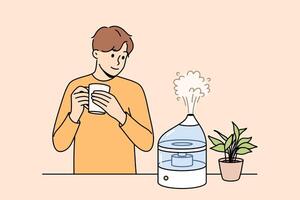 Air humidifier on table near man to avoid dryness in room and create comfortable atmosphere vector