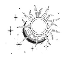 Boho Sun Moon Stars icons. Minimal celestial esoteric composition for logo, tattoo, sunburst set. illustration in linear drawing style on isolated background. Black etching day and night. vector