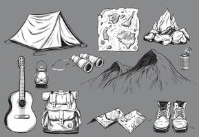 Camping clipart Tent, Fire, Backpack, Guitar in doodle style. Set of illustrations in ink linear style kerosene lantern, tin can, map, mountain range, binocular, travel on isolated background. vector