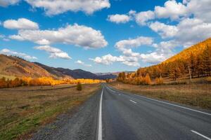 Chuisky tract in the autumn. Beautiful winding asphalt road in the autumn mountains. Chuysky tract and a view of the North Chuysky Mountain range in the Altai, Siberia, Russia. photo