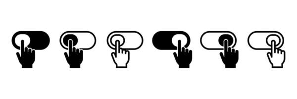 On and Off toggle switch buttons. Finger on switches icons. Hand dragging slider. Off and On button. vector