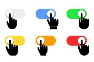 Set of finger on switches icons. On and Off toggle switch buttons. Hand dragging slider. Off and on button. vector