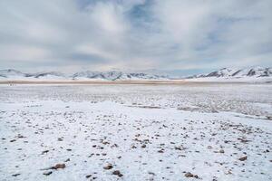 Snow-covered steppe with mountains on the horizon. Mountain pasture covered with snow. Bushes of autumn grass stick out from under the snow. photo