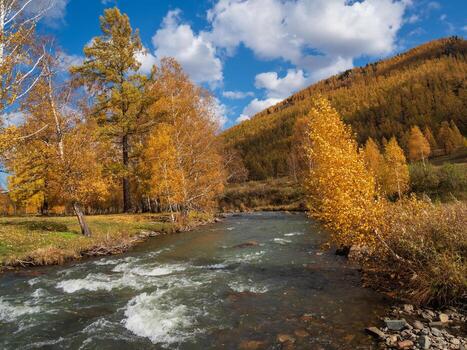 paisaje con dorado hojas en árboles, turquesa Tormentoso montaña río foto