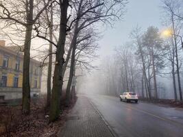 car on the move with its lights on a foggy city road photo