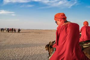Tourists in the desert on camels. The entertainment of tourists. photo