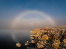 Sunny halo over an autumn lake. Amazing minimalistic autumn sunny landscape with a lake in a thick fog and a round solar halo. photo