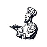 chef cartoon illustration with cook hat and a food plate on hand for cooking food black line art isolated on white background vector