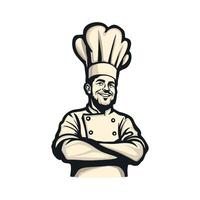 Happy Master chef cartoon illustration with cook hat and cross hand black line art isolated on white background vector