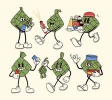 A vibrant collection of retro mascot illustrations featuring ketupats engaging in various Eid Fitr activities, showcasing Indonesian culture and traditions. vector
